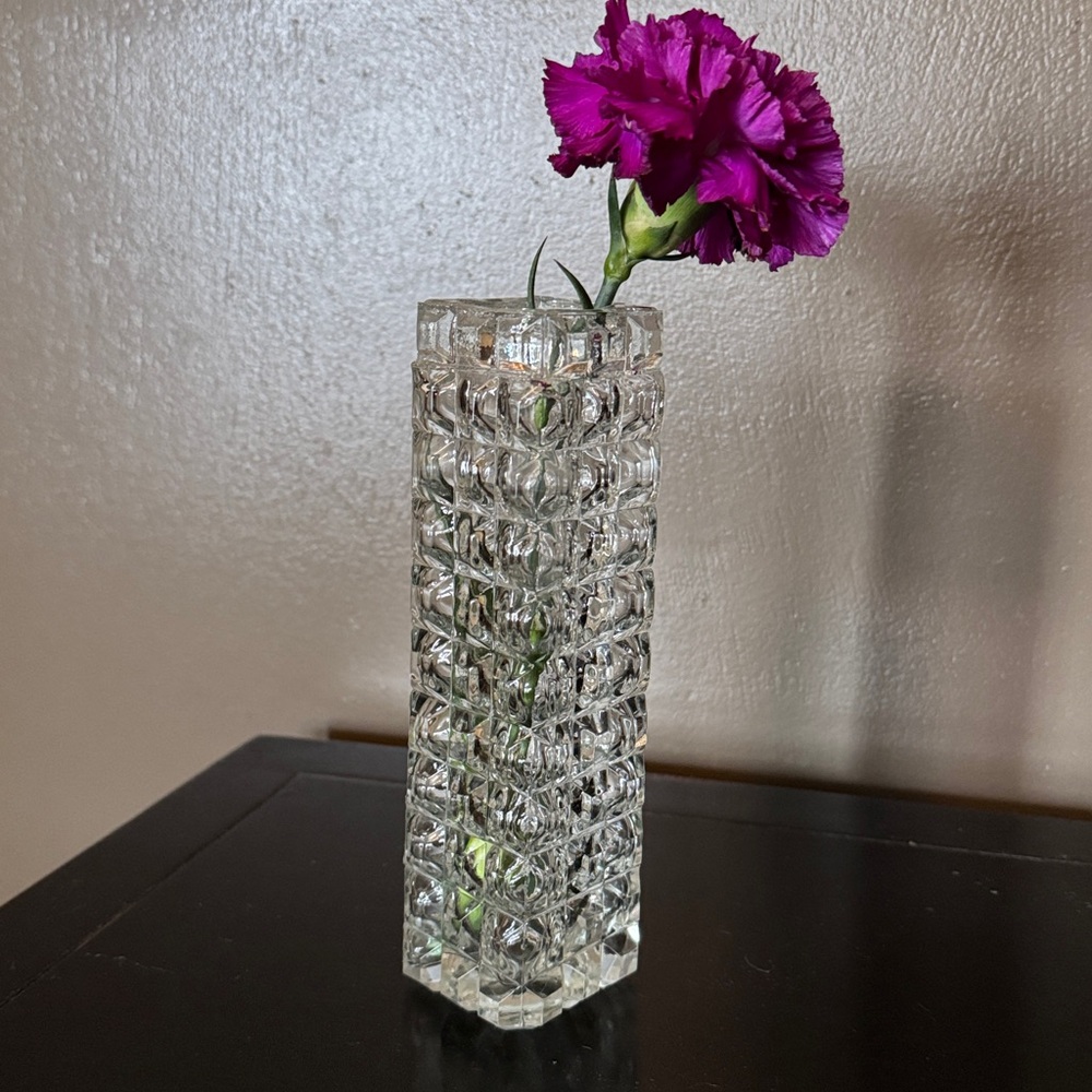 Mid Century Modern Block Cut Glass Bud Vase-7 Inches Tall-Clear-EUC-No Markings